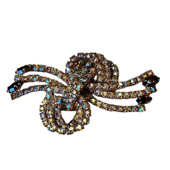 Gold Tone Aurora Borealis Rhinestone Brooch W Garnet Colored Stones Pin VTG 3” - Picture 1 of 4